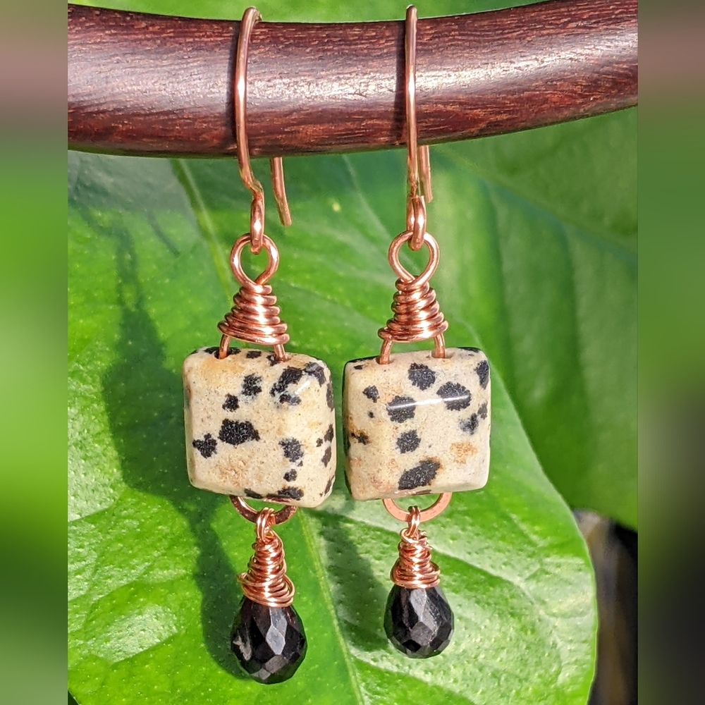 Unique Artisan Copper Earrings Black Spinel and Dalmatian Jasper Gemstones